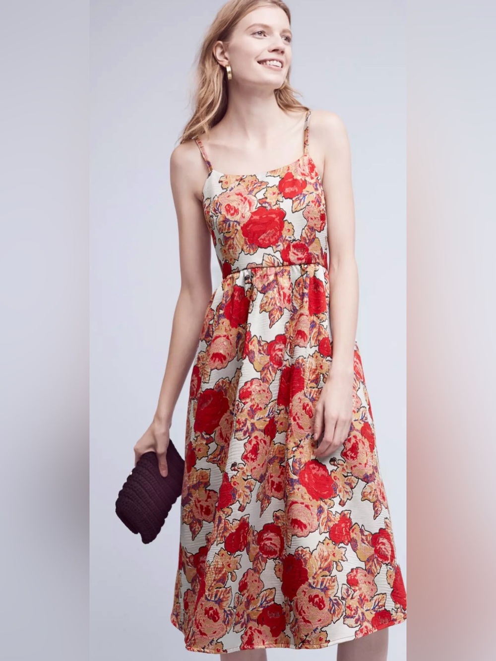 Rachel Antonoff Anthropologie Red Rose Dress Tea Length Floral Brocade Size 4